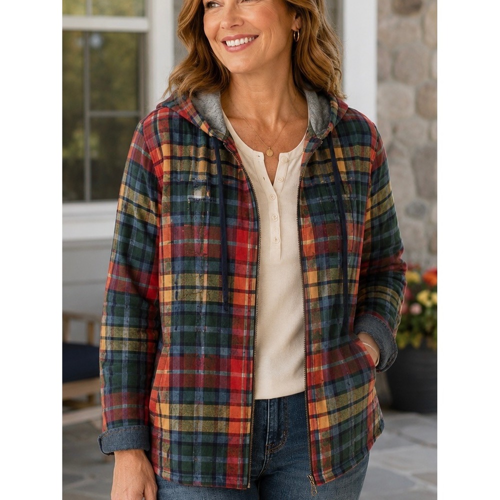 LL Bean Multicolor Plaid Flannel Full Zip Hoodie M Petite Relaxed Fit Cabincore